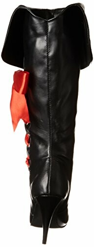 Black leather high heel boot with red ribbon detail