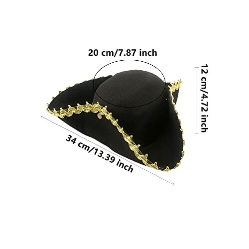 Black tricorn hat with gold trim and dimensions.