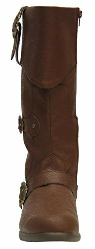 Front view of a brown leather boot with buckles