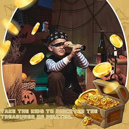 Child dressed as a pirate using a telescope, surrounded by gold coins and Halloween decorations.