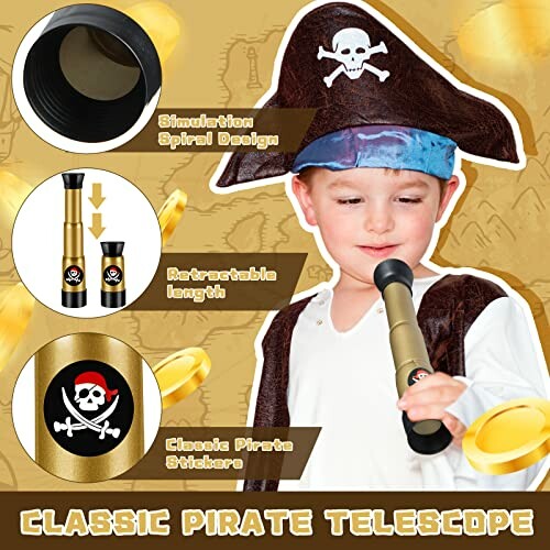 Child in pirate costume with telescope and pirate-themed design elements.