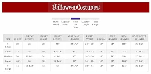 Halloween costumes size chart with measurements for chest, sleeve, jacket waist, vest panel, pants waist, inseam, belt, sash, and boot cover for sizes X-Small to X-Large.