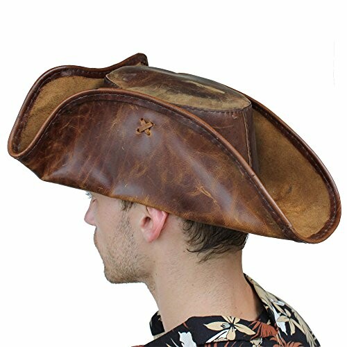 Person wearing a brown leather tricorn hat.