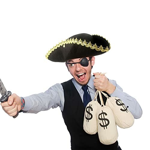 Man dressed as pirate with eyepatch holding money bags and sword