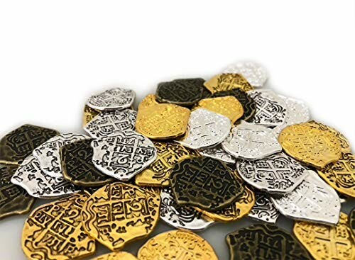 Pile of gold and silver coins with engraved designs.