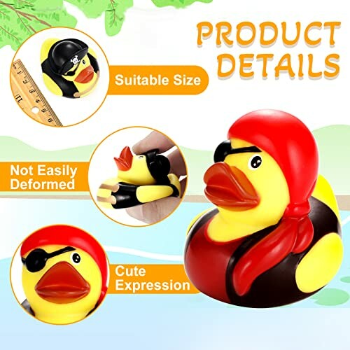 Pirate-themed rubber duck with an eye patch and bandana, featuring product details.