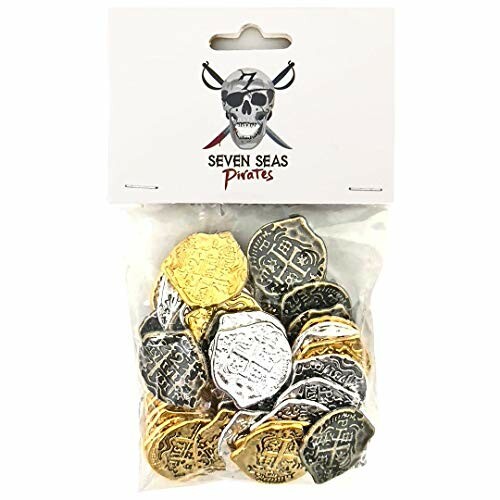 Bag of gold and silver pirate coins with Seven Seas Pirates logo.