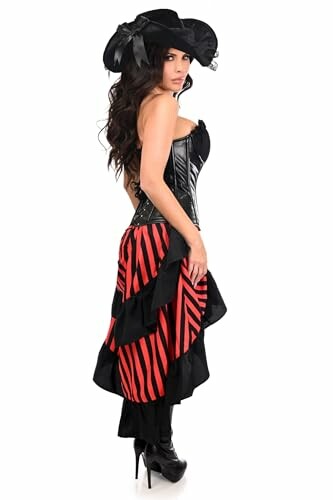 Woman in a pirate costume with a black hat and red-striped skirt